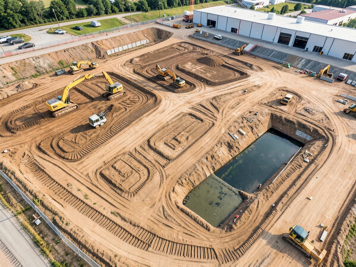Aerial view of excavators grading a large construction site