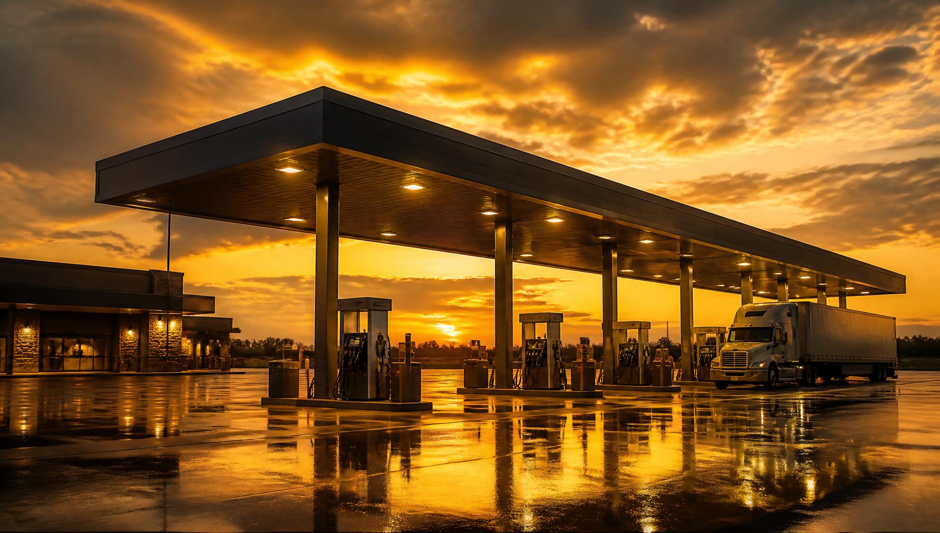 Travel stop fuel canopy lit at dusk with trucks fueling